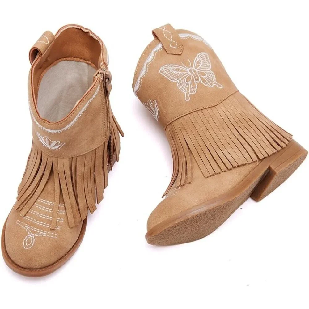 ⚡Girls 3-Camel Microfiber Little Kids Mid Calf Western Pointed Toe Riding Boots